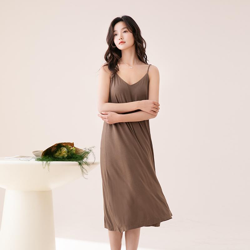 Fenteng [With Chest Mat] Soft Light Silk Solid Color Strap Dress Sleep Skirt Versatile jumpsuit 26 Spring/Summer New Collection