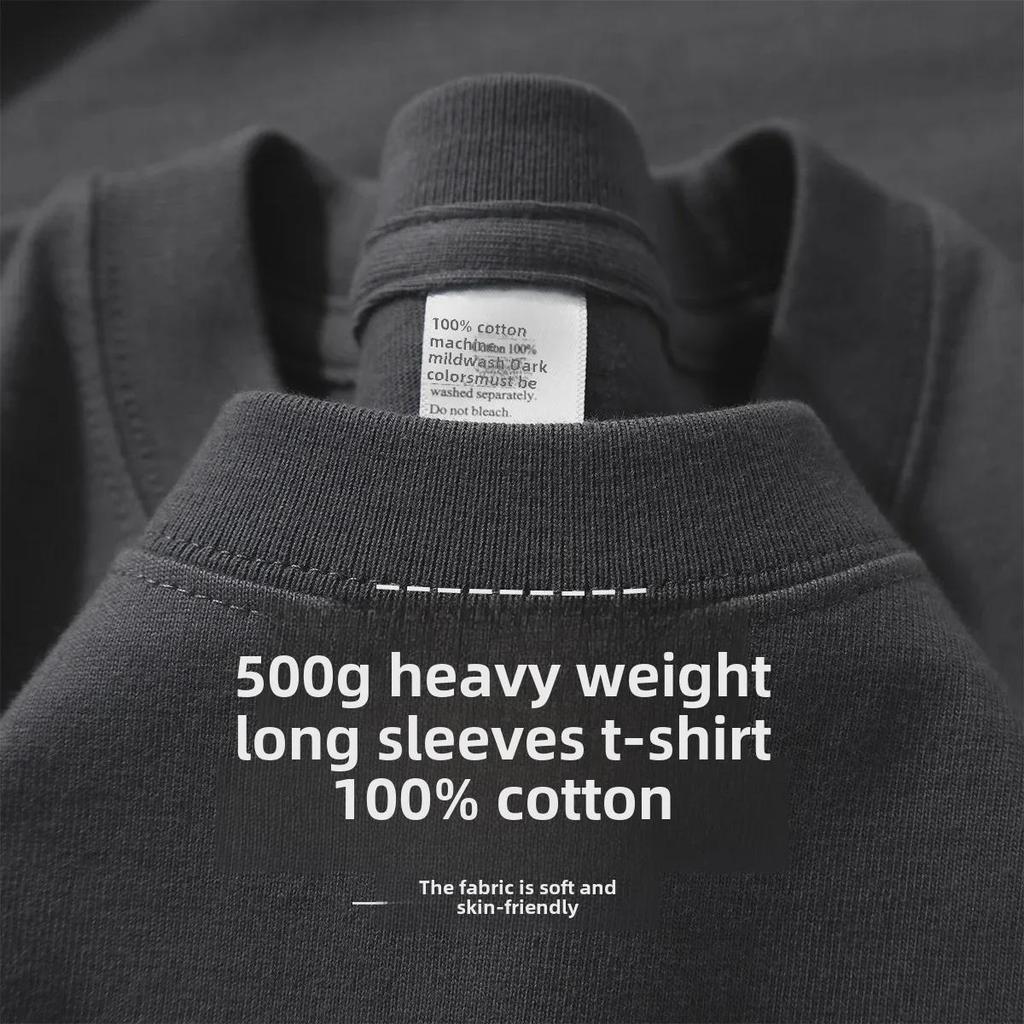 Футболка унисекс из плотного хлопка с длинным рукавом, однотонная: Непрозрачный, свободный крой, небольшой воротник, идеально подходит для весны и осени.