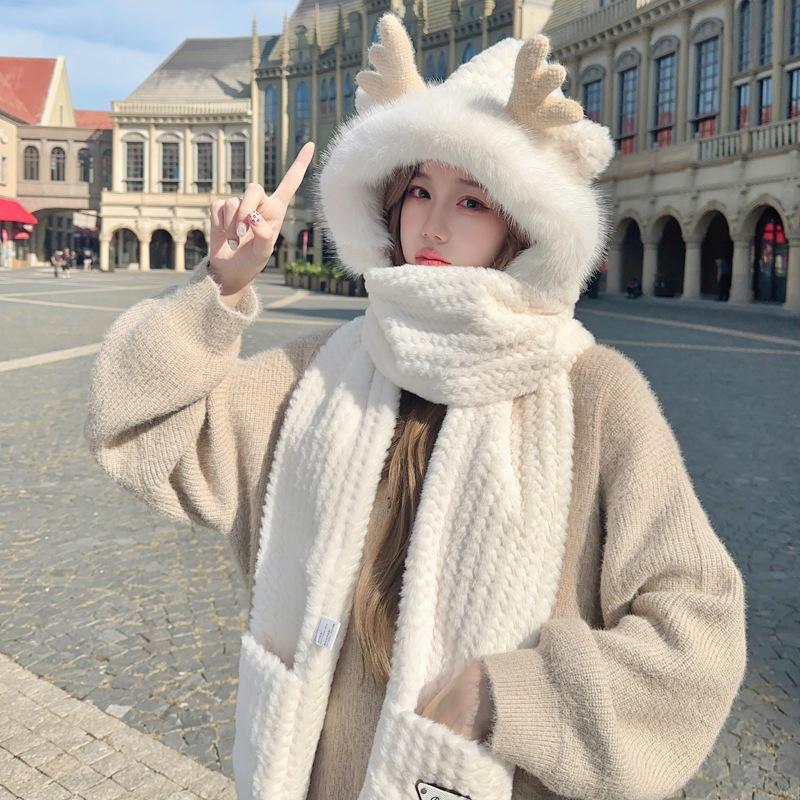 Новая шапка женская осенне-зимняя шарф перчатки интегрированный зимний милый плюшевый теплый утолщенный набор из трех предметов