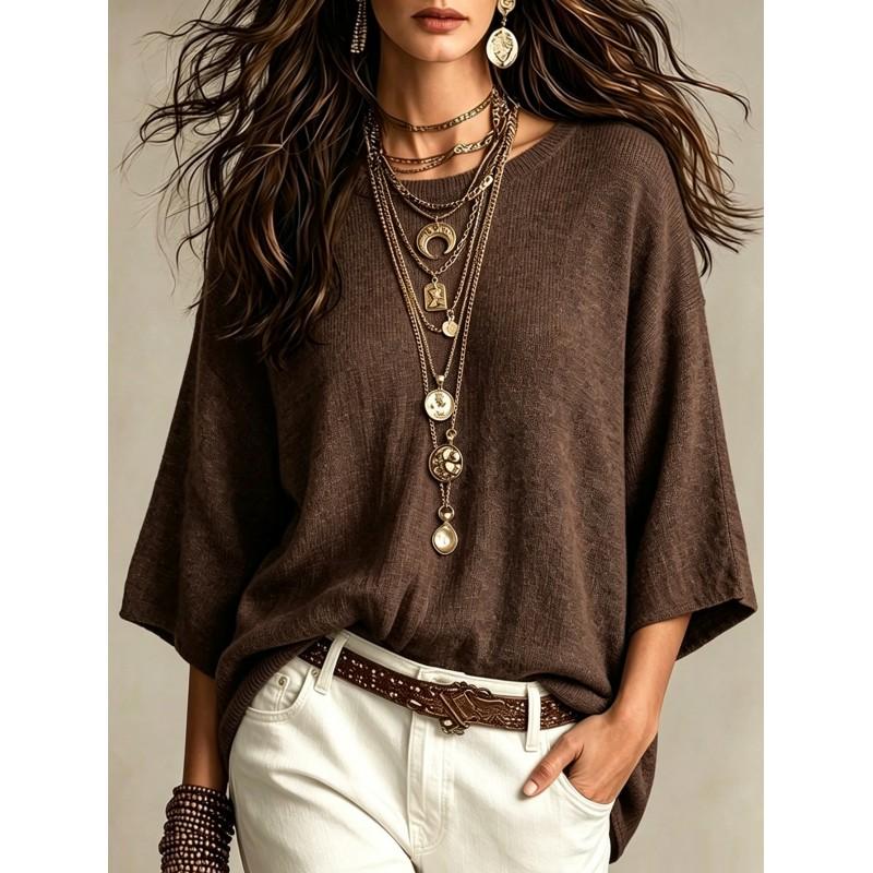 2026 Fall Womens Solid Knit Sweater Loose Oversized Sleeve Round Neck Casual Outerwear