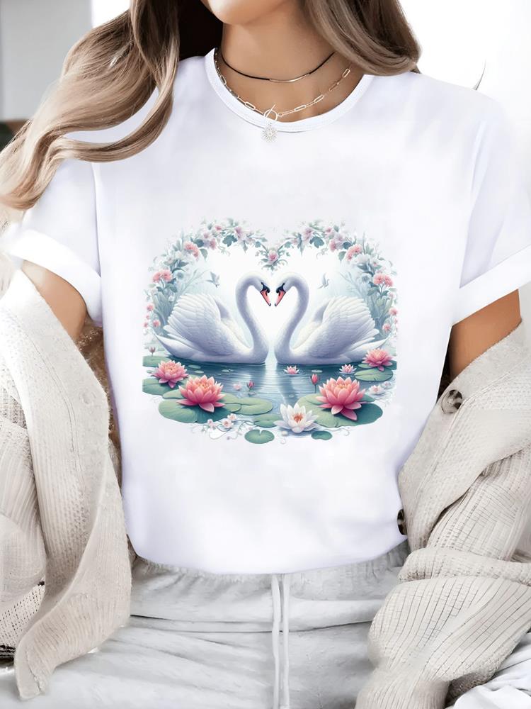 (Азиатский размер) Повседневный женский топ Футболки Мода Круглый вырез Женская одежда Сладкий стиль Милый принт Короткий рукав Графическая футболка