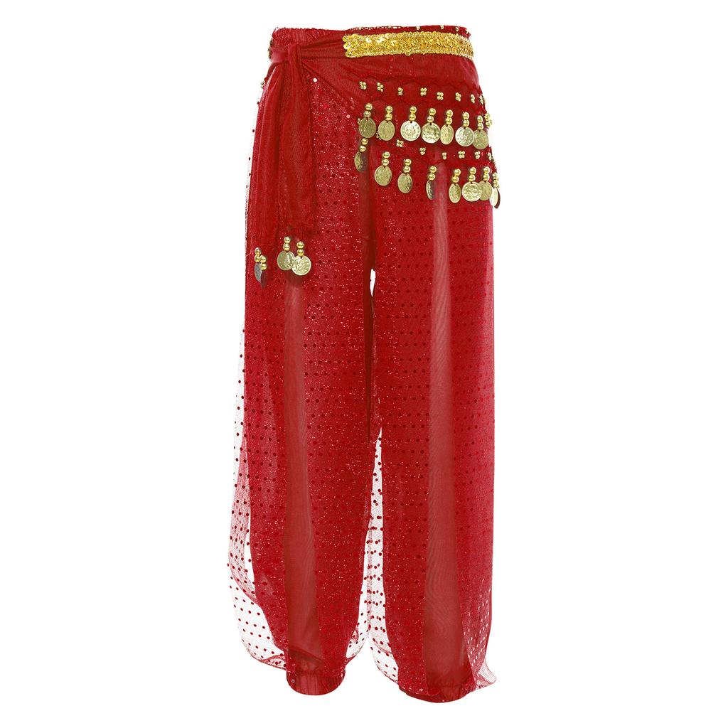 Girls Elegant Belly Dance Pants Sequin Embellished Chiffon Fabric Elastic Waist Beaded Tassels Performance Wear