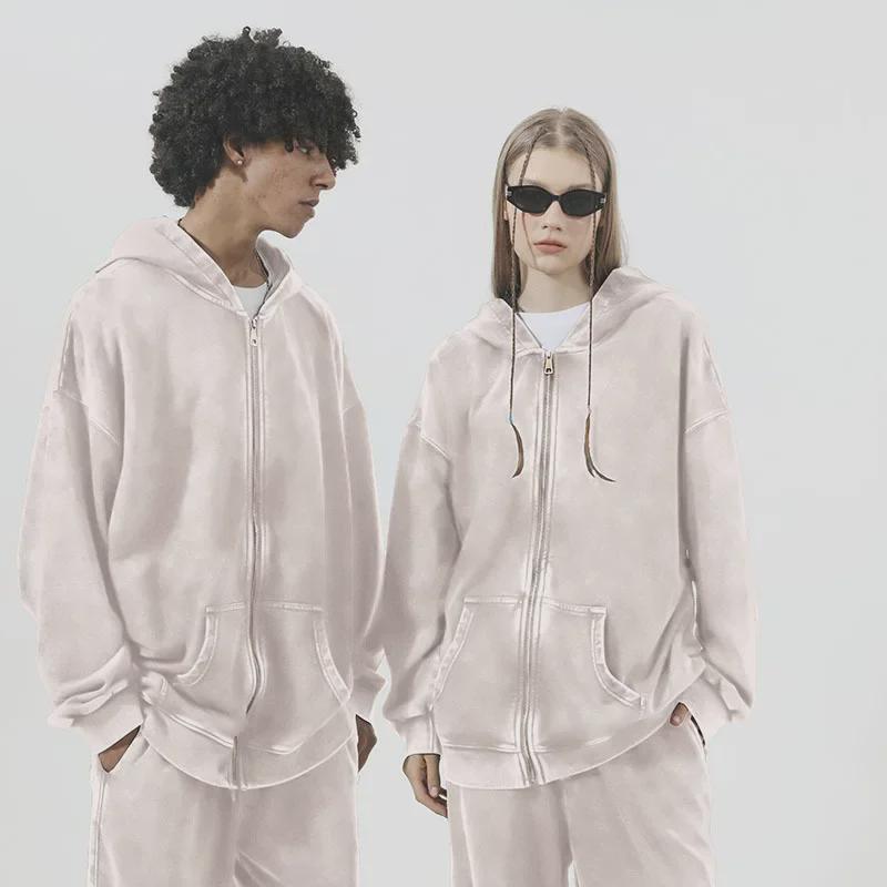 Толстовка с капюшоном из махровой ткани с потертостями на молнии, плотностью 350 г, большой размер, спущенное плечо, хлопок в стиле ретро