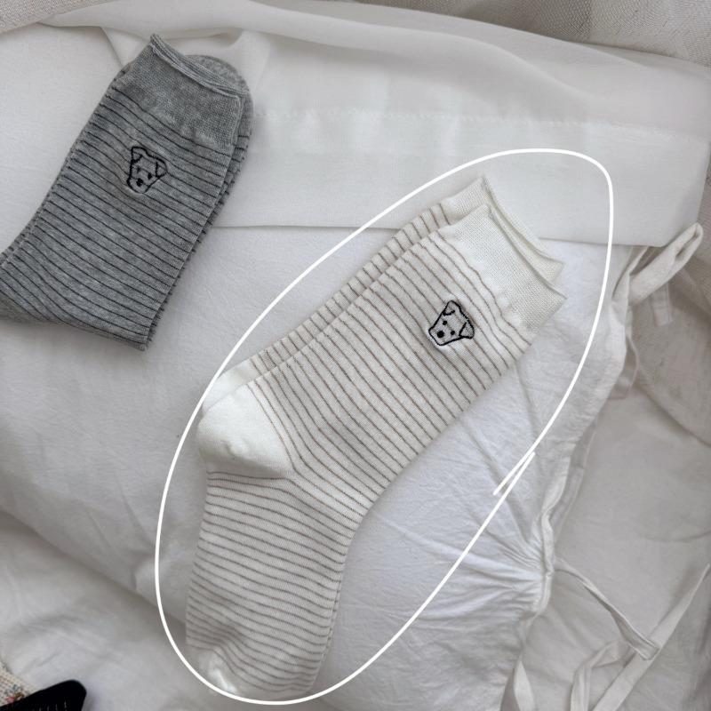 Женские полосатые носки с вышивкой маленькой собачки, всесезонные универсальные носки до середины икры в школьном стиле