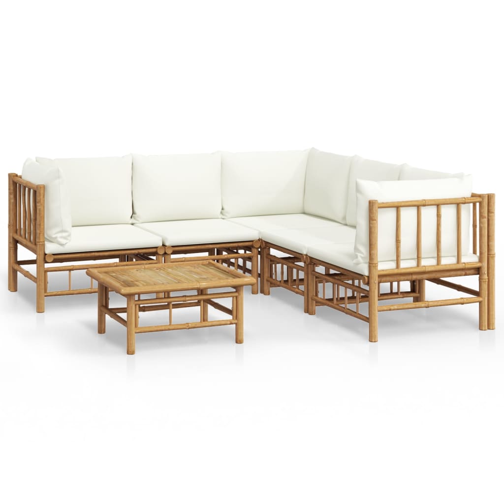 6 Piece Garden Lounge Set with Cream Colored Cushions Bamboo