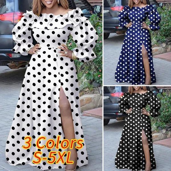 Wish Fashion Женская одежда Плиссированная с оборками Свободное Боковой разрез В горошек Рукав-колокол Экстрадлинное платье