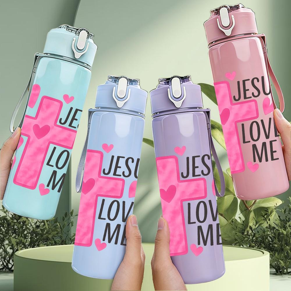 1PC Jesus Loves Me Pink Cross Heart 750ml Color Plastic Sports Water Bottle Leakproof Flip Straw Lid Suitable for Sports Office Home Use