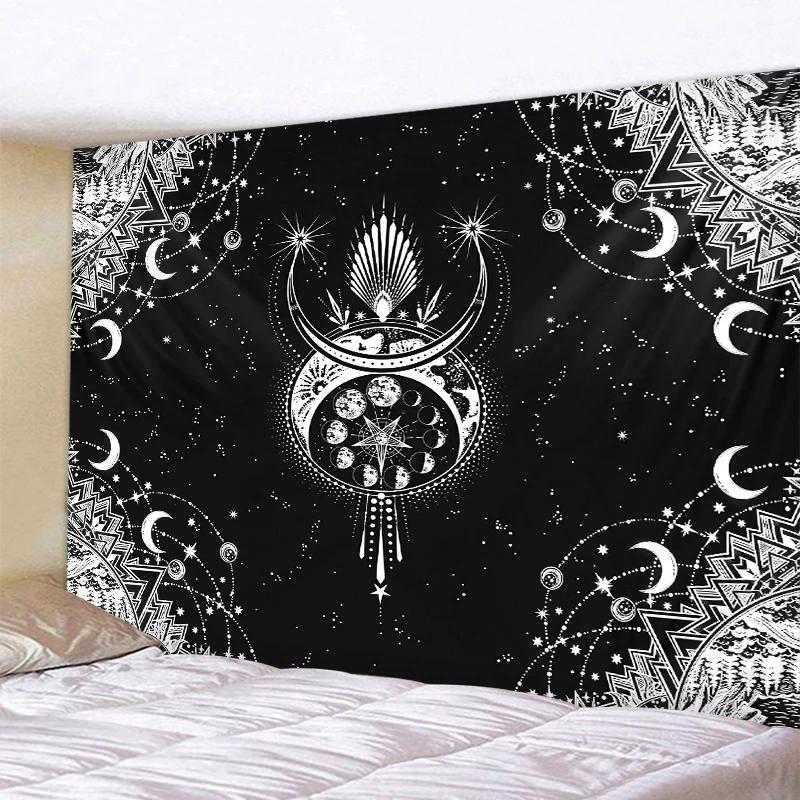Black and white moon Mandala tapestry Bohemian decoration wall hanging bedroom psychedelic scene starlight art home