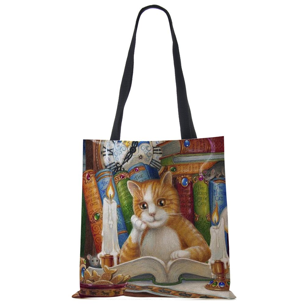 Женские дизайнерские большие сумки с принтом кота на заказ, льняная многоразовая сумка для покупок, сумки на плечо для женщин, 2020