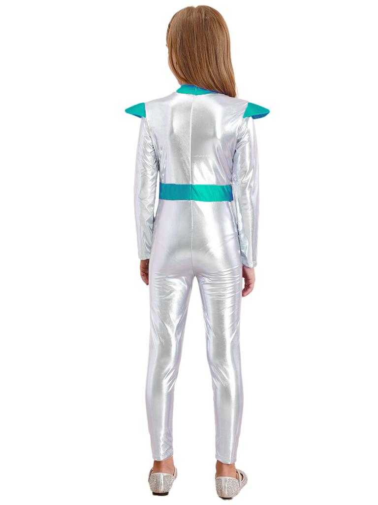 Girls Alien Cosplay Costume Space Astronaut Robot Jumpsuit Long Sleeve Shiny Metallic Bodysuit For Halloween Christmas Dress Up