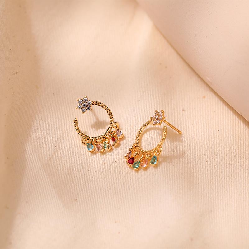 Zirconia Stud Earrings Brass Plated 18K Boho Vintage Textured Earrings