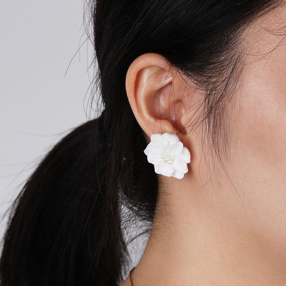 Fashion Inlay Beads Women Girl Simulated Pearl Stud Earrings Camellia Big White Flower