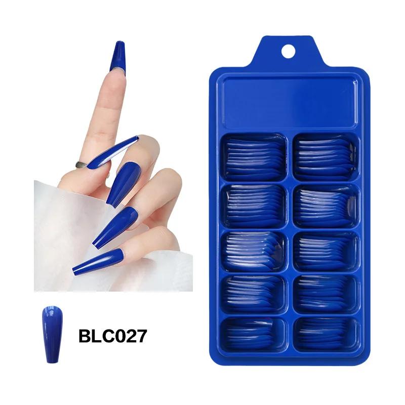100PcsFalse Nail Wearable Full Cover Solid Color Pointed Long Ballerina Blue Pink Nail Tips False Nail Stickers