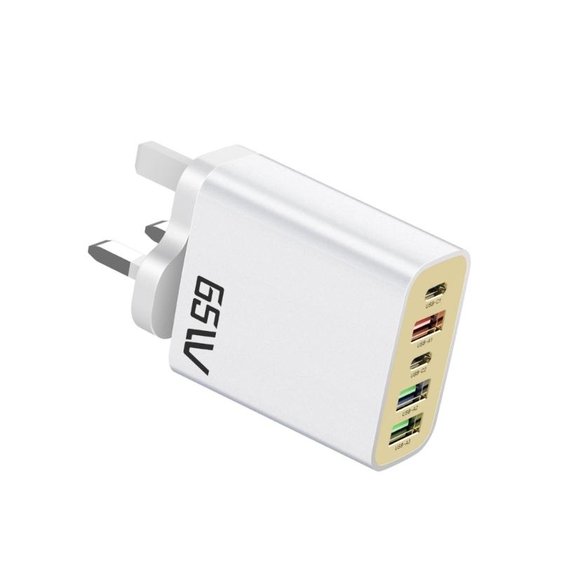 Многопортовое быстрое зарядное устройство PD65W Компактный сетевой адаптер с 5V3A Power Delivery, 2 порта USB-C, 3 порта USB-A