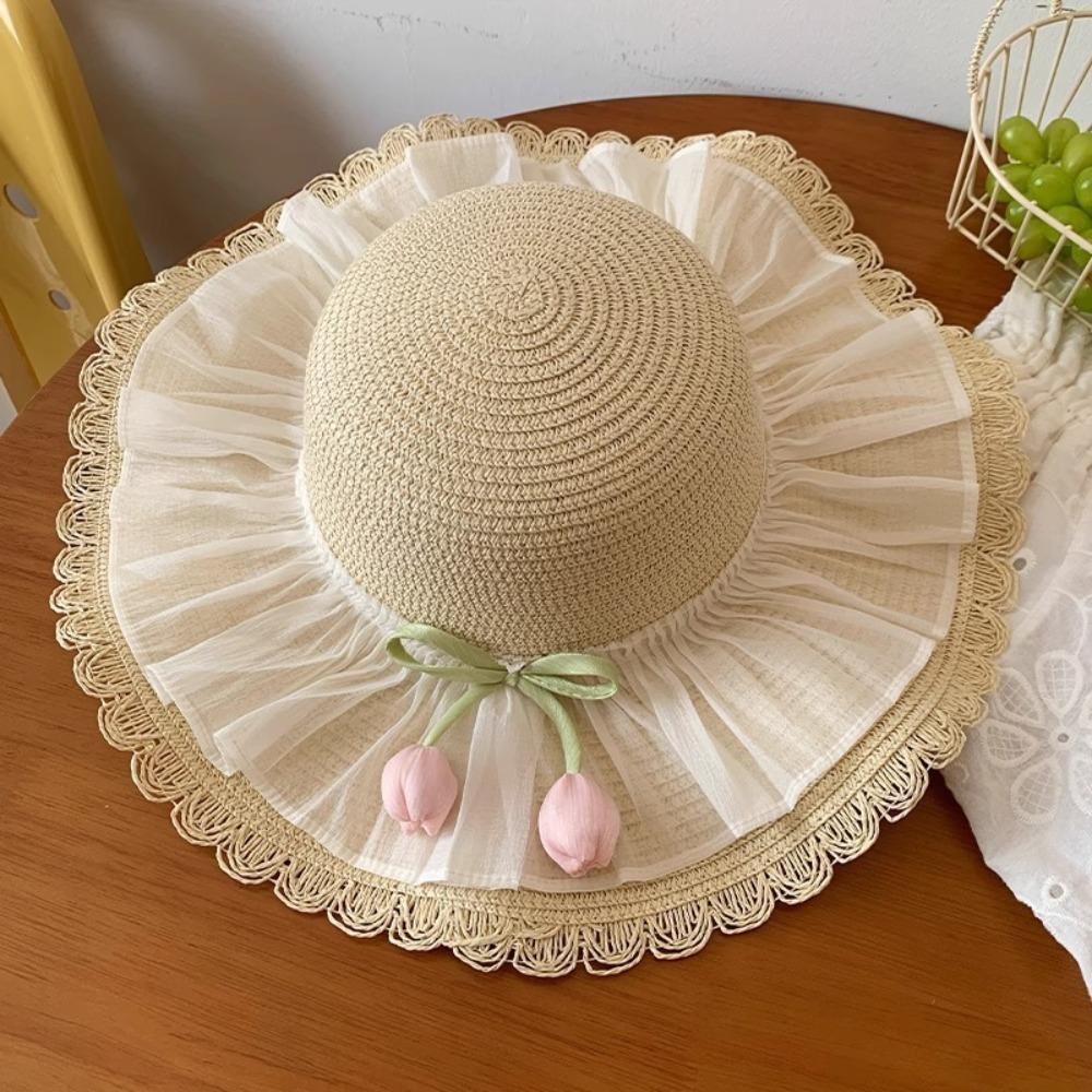 Кружевная шляпа от солнца в корейском стиле, шляпа-тюльпан с широкими полями и бантом, простая плетеная шляпа из соломы, для пляжа