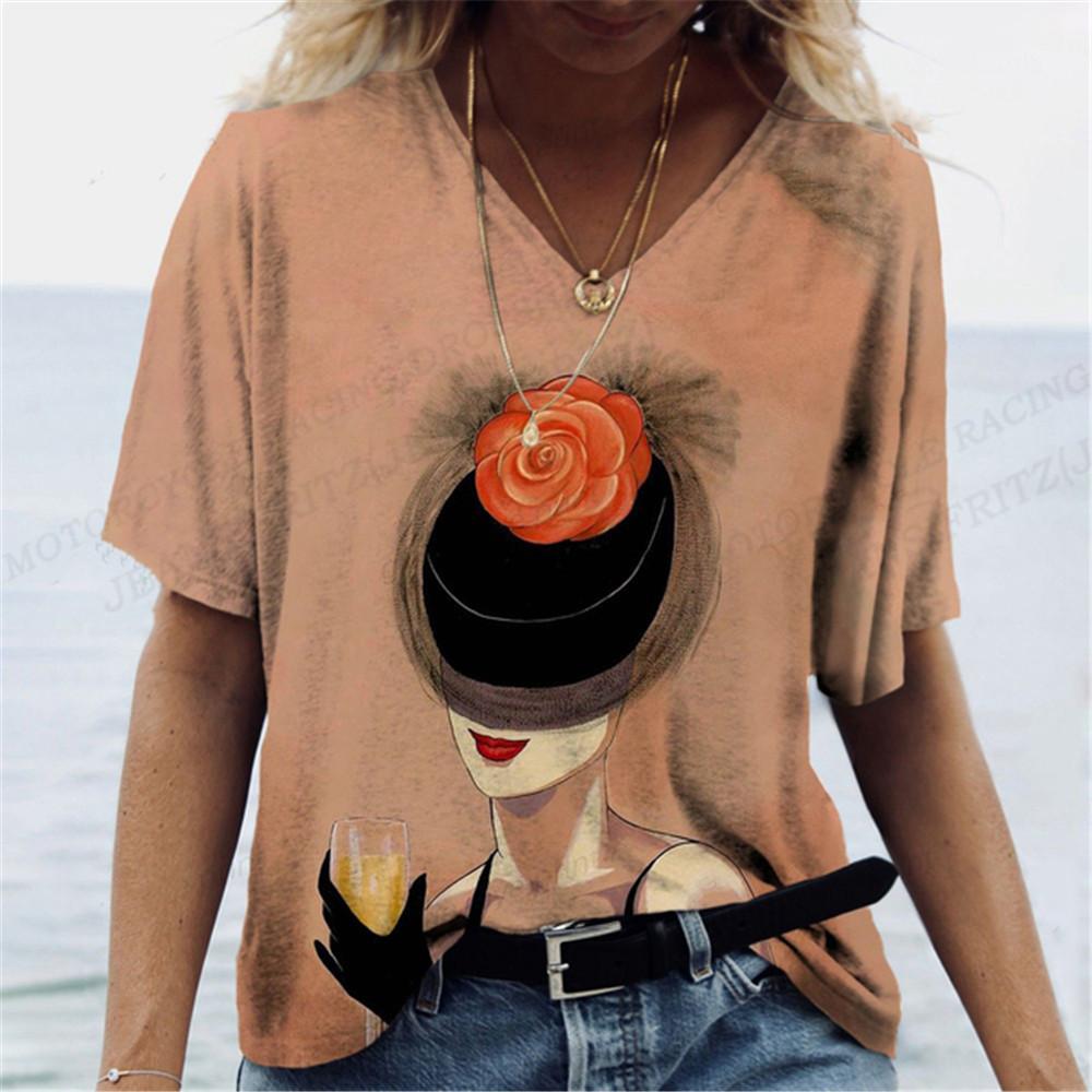 Harajuka абстрактные крутые футболки с принтом в стиле ретро, ​​женские универсальный пуловер с коротким рукавом, летние дизайнерские повседневные женские футболки с v-образным вырезом