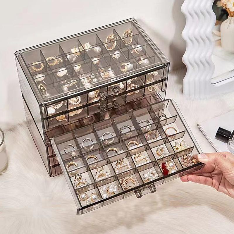 1 Pack 3 Layer 72 Grid Large Capacity Ring Earring Necklace Jewelry Storage Box Desktop Drawer Organizer Dust-Proof Storage Box