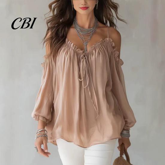 Comfortable Loose Cut Tops Women Tops, Fit Puff Long Sleeve Shirt, Sling Off Shoulder Pullover Lightweight Casual Shirt Pure Color Blouse for