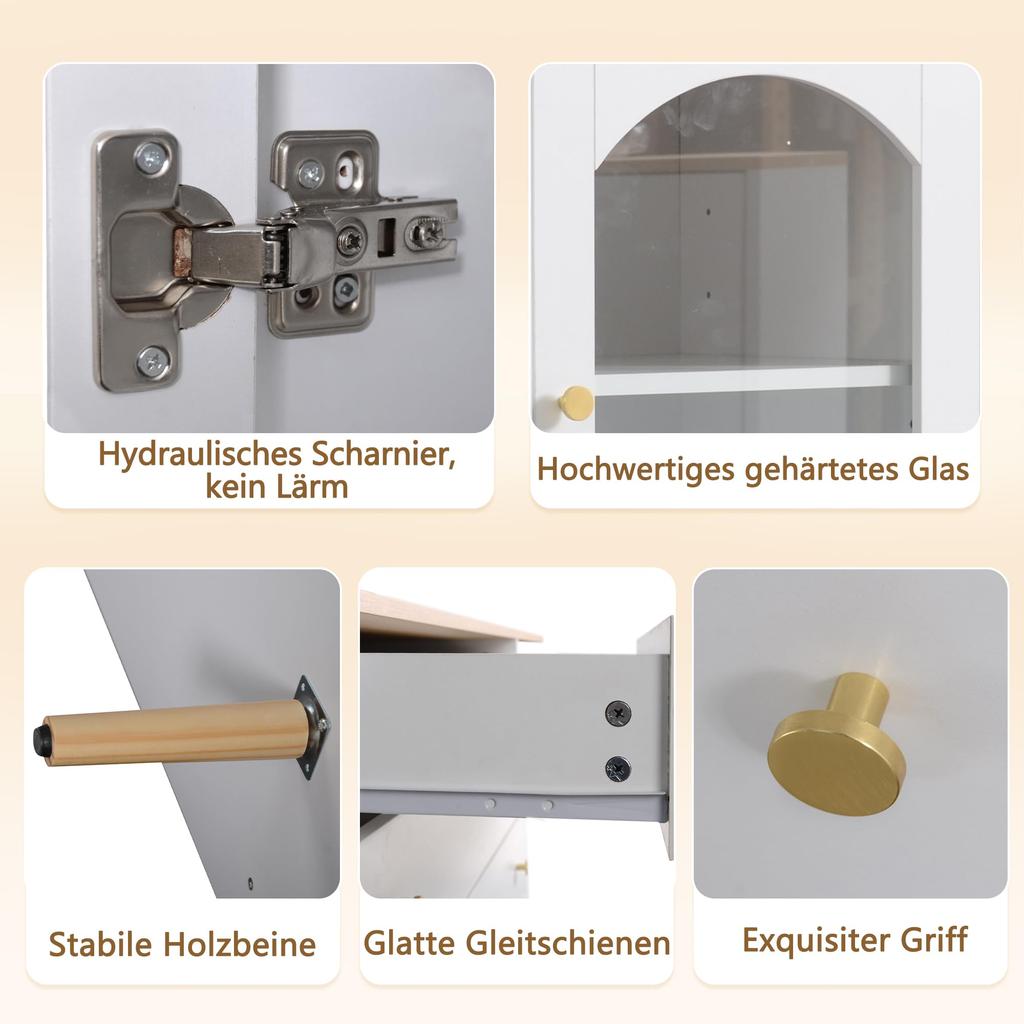 Буфет Сервант 3 стеклянные дверцы и 3 ящика, Элегантный кухонный шкаф комод прихожая, Место для хранения, Гостиная столовая, 120см, Белый и цвет дерева