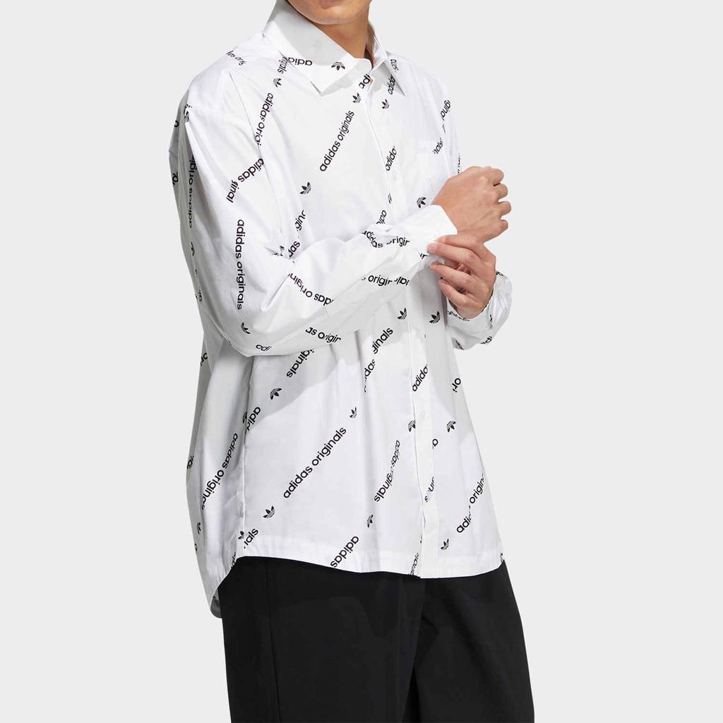 Adidas Originals Trefoil Print Alphabet Full Print Snap-Button Long Sleeve Shirt Unisex Tops White HU1228