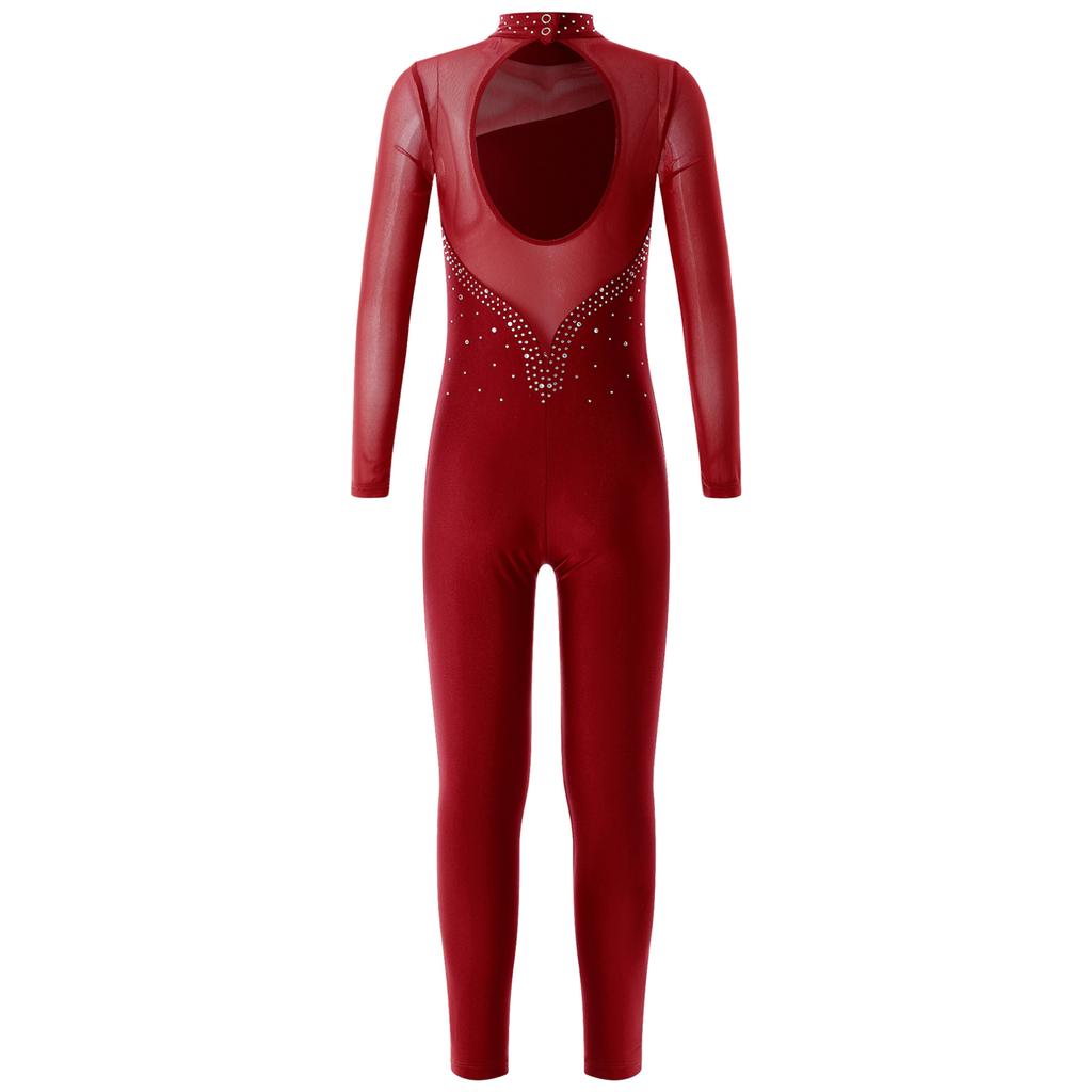 Kids Girls Long Sleeve Shiny Rhinestone Hollow Back Skating Leotard One Piece Gymnastic Jumpsuit