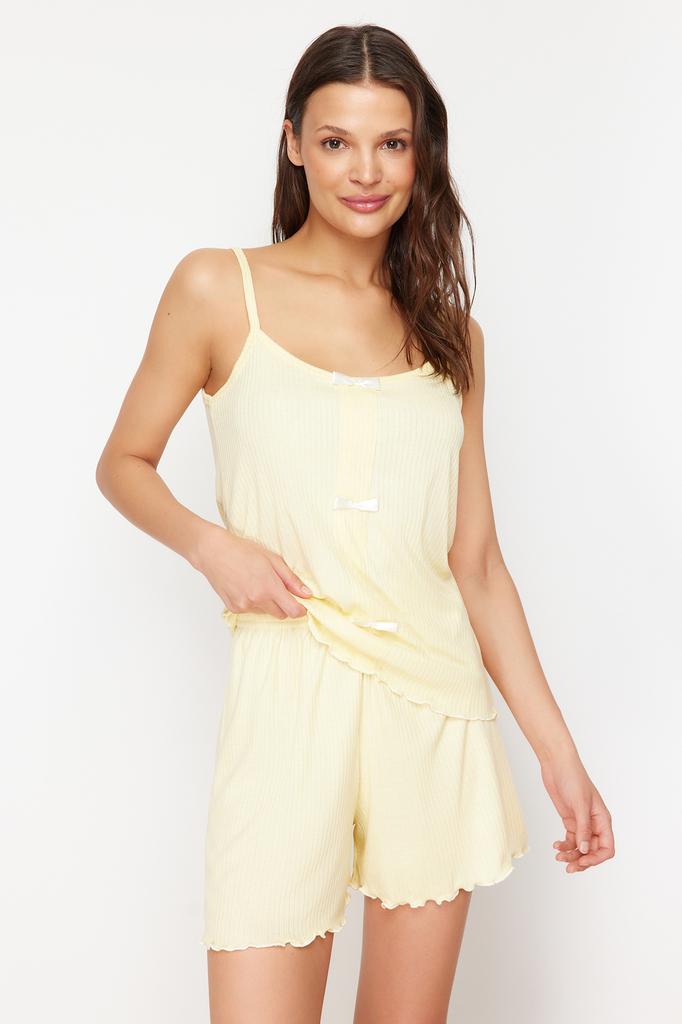 Women's Fashion New Pajama Set Yellow Ribbon Detailed Corded Knitted Pajama Set