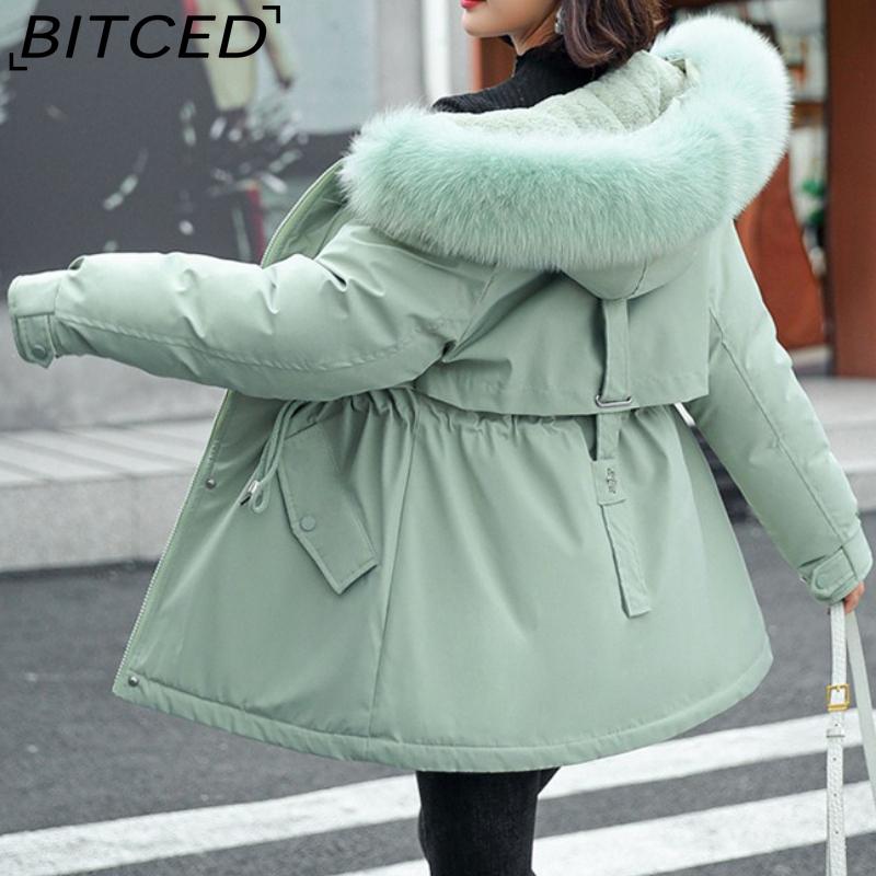 BITCED Women's Winter Mid-Length Cotton Coat with Fleece Lining, Large Fur Collar, Plus Size, Short Waist-Defining Jacket