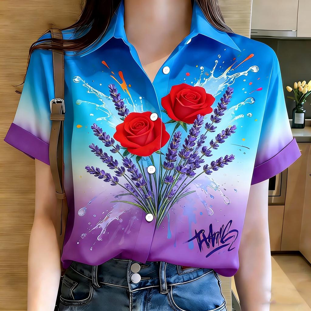 Summer new Thai short-sleeved printed shirt women's summer loose ins trendy casual couple shirt