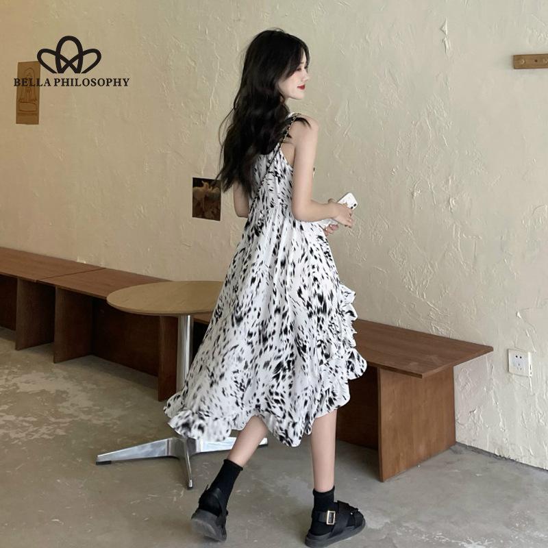 French Style Gentle Floral Print Sling Waist Dress Women's Summer Design Printed Irregular Skirt Ruffled Dress