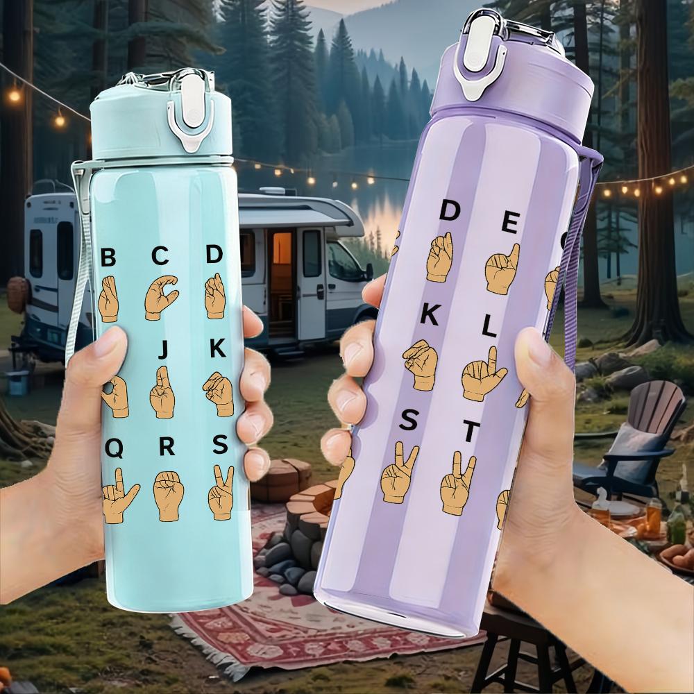 1PC Alphabet Vintage Stamp Set 750ml Color Plastic Sports Water Bottle Leakproof Flip Straw Lid For Sports Office Home Use