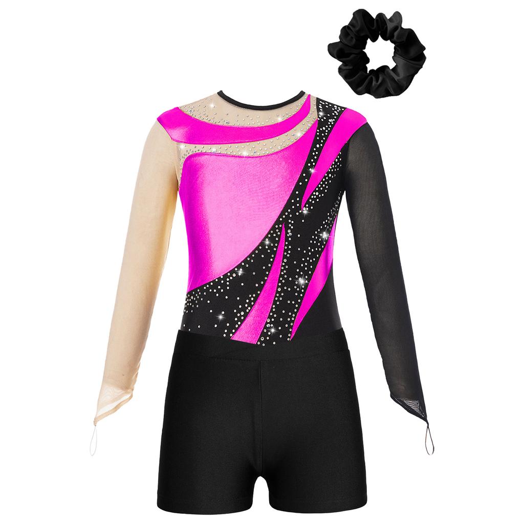 Kids Girls Metallic Long Sleeve Gymnastics Leotard with Shorts Hair Scrunchie Dance Unitard Biketards Dancewear