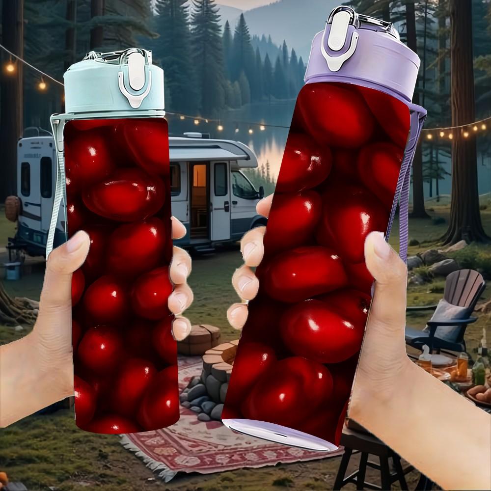 1PC Plump Red Cherry Fruit Pile Print 750ml Color Plastic Sports Water Bottle Leakproof Flip Straw Lid Suitable for Sports Office Home Use