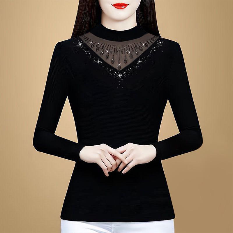 Korean Style Base Shirt for Women with Winter New Mesh Long-sleeved T-shirt Top Mother Shirt