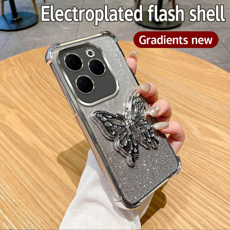 Роскошный чехол для телефона с гальваническим покрытием, противоударной подставкой-бабочкой для Infinix Hot 40 Pro 30 30i 40i 10S NFC 10 Lite 9 Play, блестящая мягкая обложка