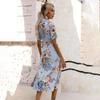 Women's Summer Ethnic Printed Short Sleeve High Waist A Line Lace Up Dress