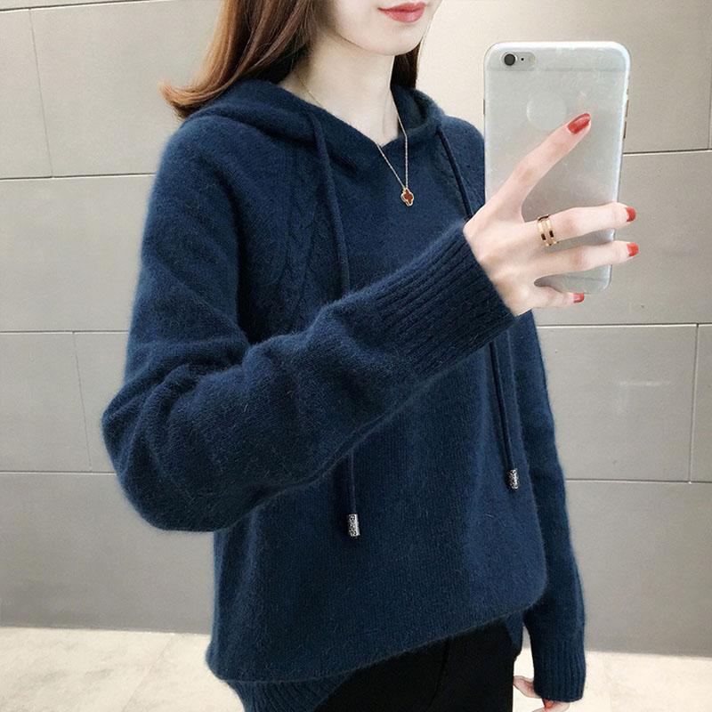 Осенне-зимний женский свитер, свободный пуловер с ленивым ветром, вязаный свитер с капюшоном и длинными рукавами