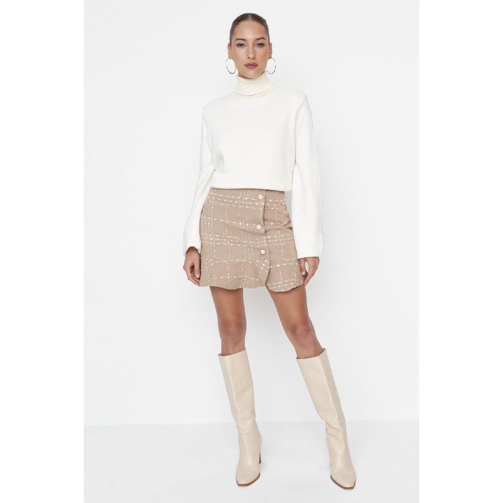 Burgundy Buttoned Tweed Fabric Mini Woven Skirt With Flounce Hem Twoaw22et0155