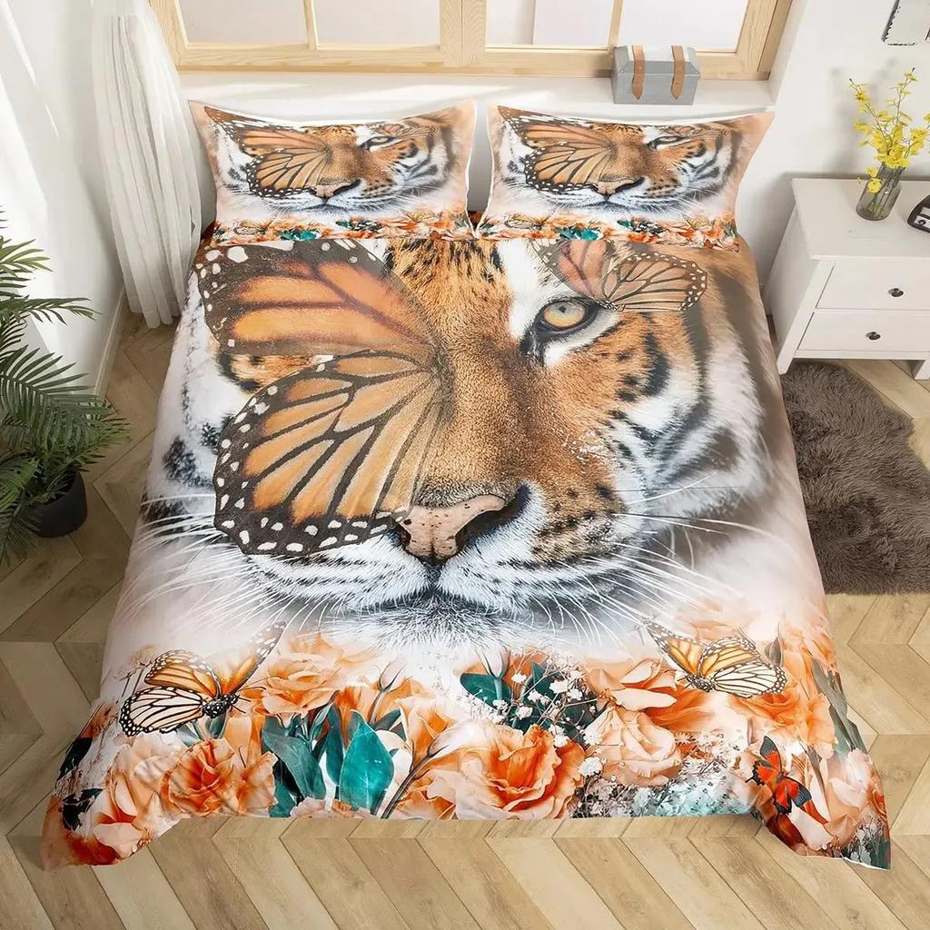 Tiger Duvet Cover Sets Full Size King Size,African Animals Bedding Set,Tropical Wild Animal Comforter Cover Quilt Cover