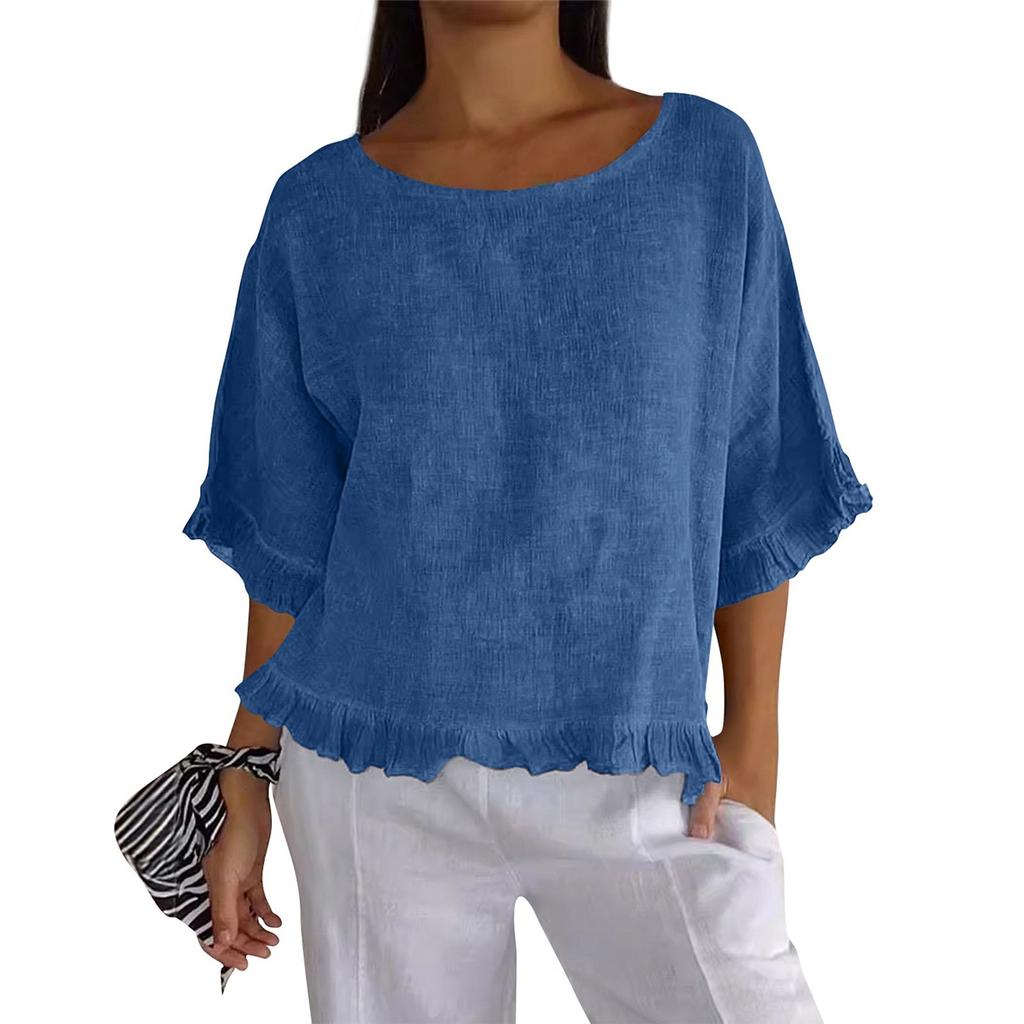 Women's' Fashion Solid Color Round Neck Short Sleeve Loose  Pullover Shirt Top