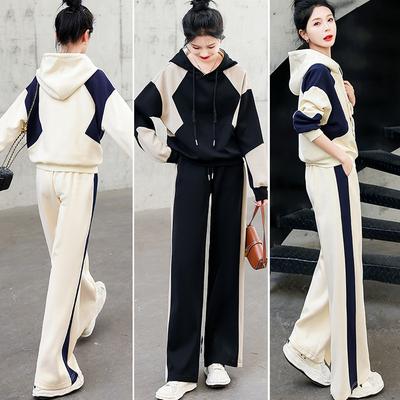 Ранняя осень Повседневная мода Комплект пэчворк с коротким рукавом Женский костюм с брюками широкого кроя Корейский стиль Женский ансамбль