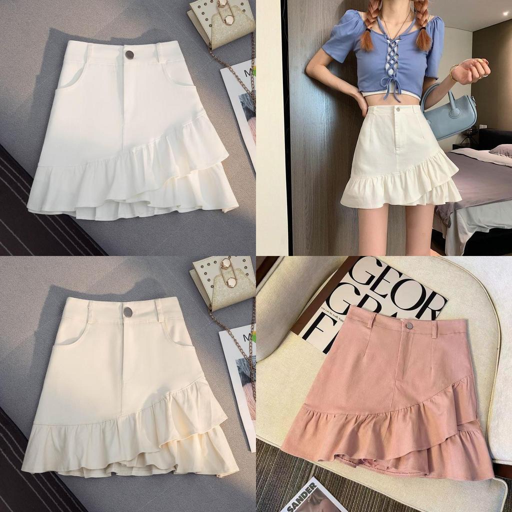 No Pattern Denim Mini Skirt With Ruffled Hem For Casual And Party Outfit