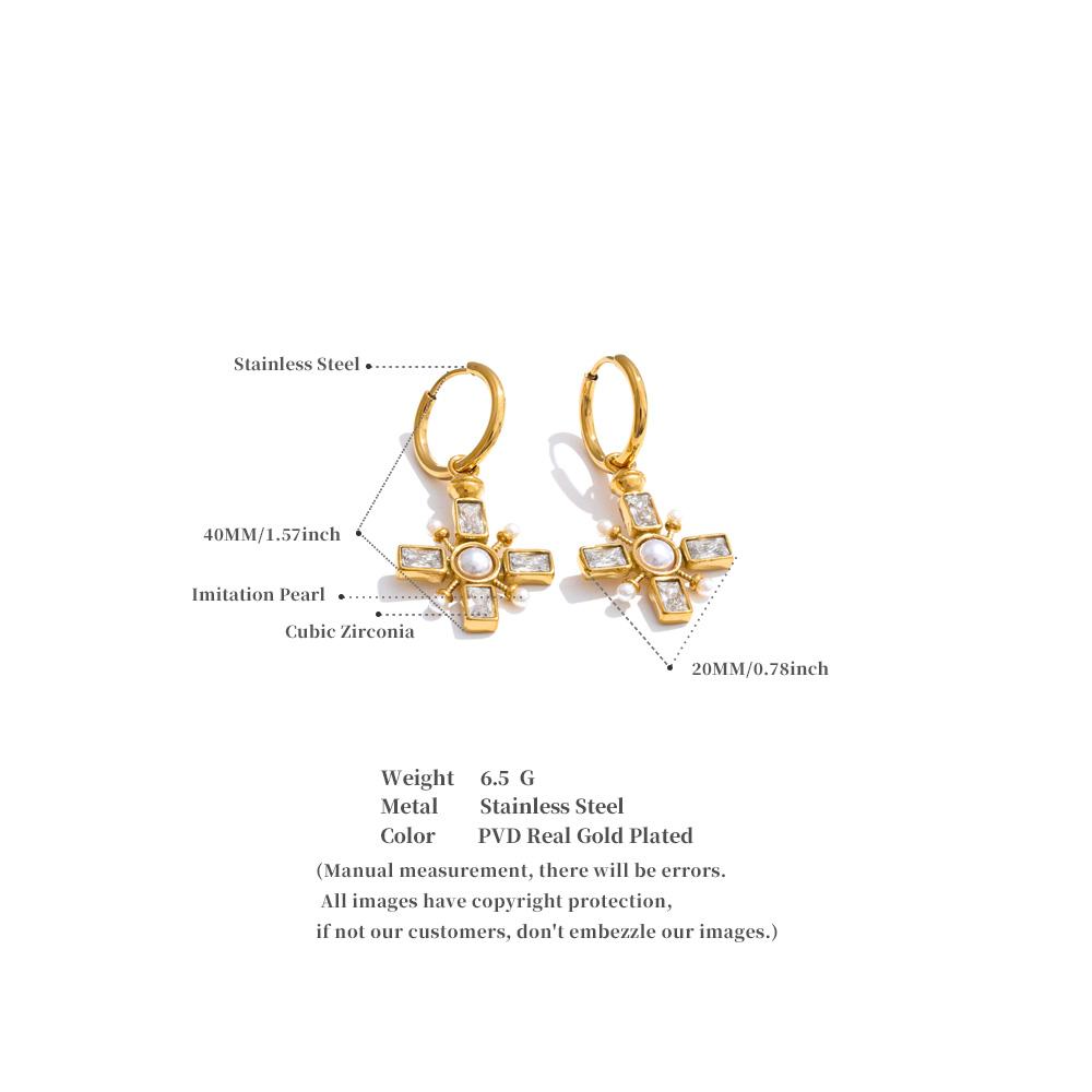 Eetit High Quality Zirconia Pearls Cross Drop Hoop Earrings Golden Stainless Steel Temperament Arrivals Daily Jewelry Gift