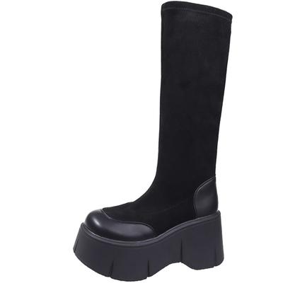 Мода 2024 Осень Женские Замшевые Кожаные Длинные Сапоги Танкетка Носки Обувь Рыцарь Зимние Теплые Плюшевые Мотоциклетные Сапоги Обувь