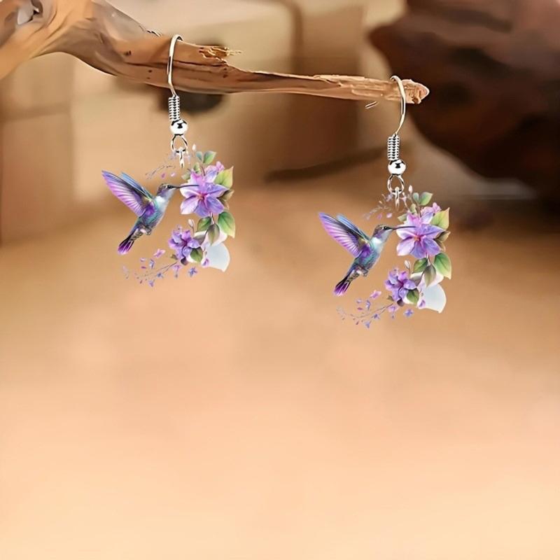 Модные висячие серьги с колибри и цветами из акрила. Идеально подходят для повседневного ношения и особых случаев
