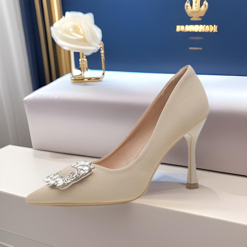 Французские туфли на высоком каблуке женские весенне-летние новые темпераментные из мягкой кожи не натирающие ноги остроносые на тонком каблуке со стразами квадратная пряжка туфли