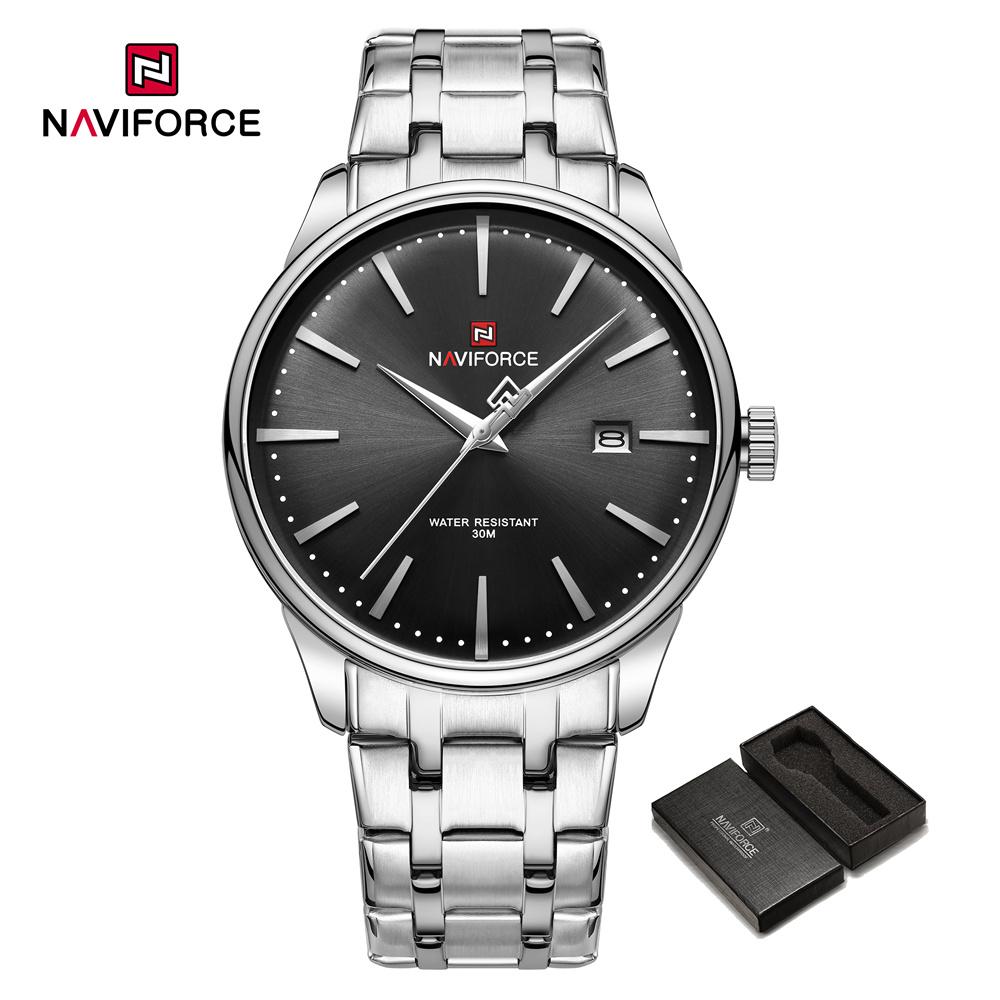 Naviforce Мужские часы из нержавеющей стали, водонепроницаемые деловые наручные часы с дисплеем даты, оригинальные кварцевые мужские часы