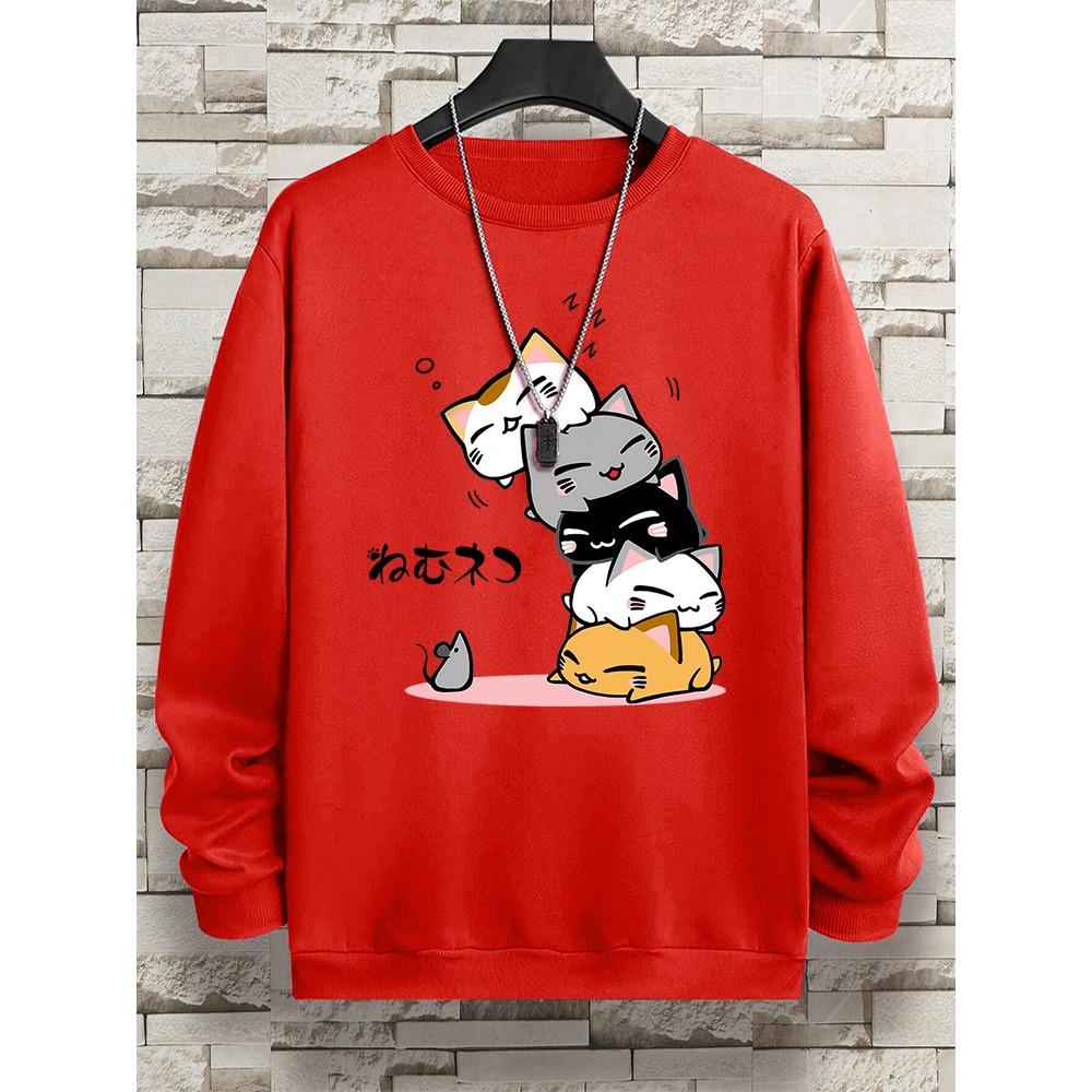 Милые кошки, одежда для сна, мужская толстовка с капюшоном и круглым вырезом, винтажные повседневные свободные толстовки с капюшоном, свободная одежда