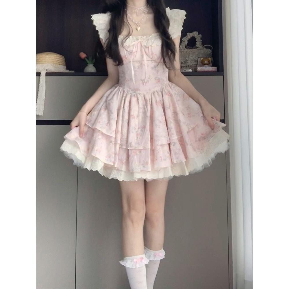 Sweet Spice Girl Pink Floral Dress Women's Summer Xiaofei Sleeve Design Sense Princess Cake Dress Waist Fluffy Dress