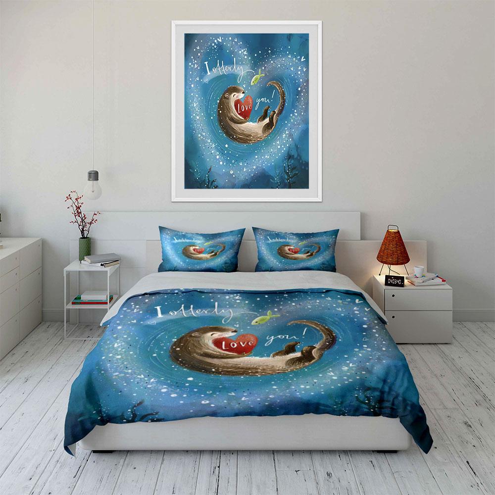 "Otter-Themed Romantic Decor Set" Bedding Set with 1 Duvet Cover 2 Pillowcases Single Double King Queen, Gift