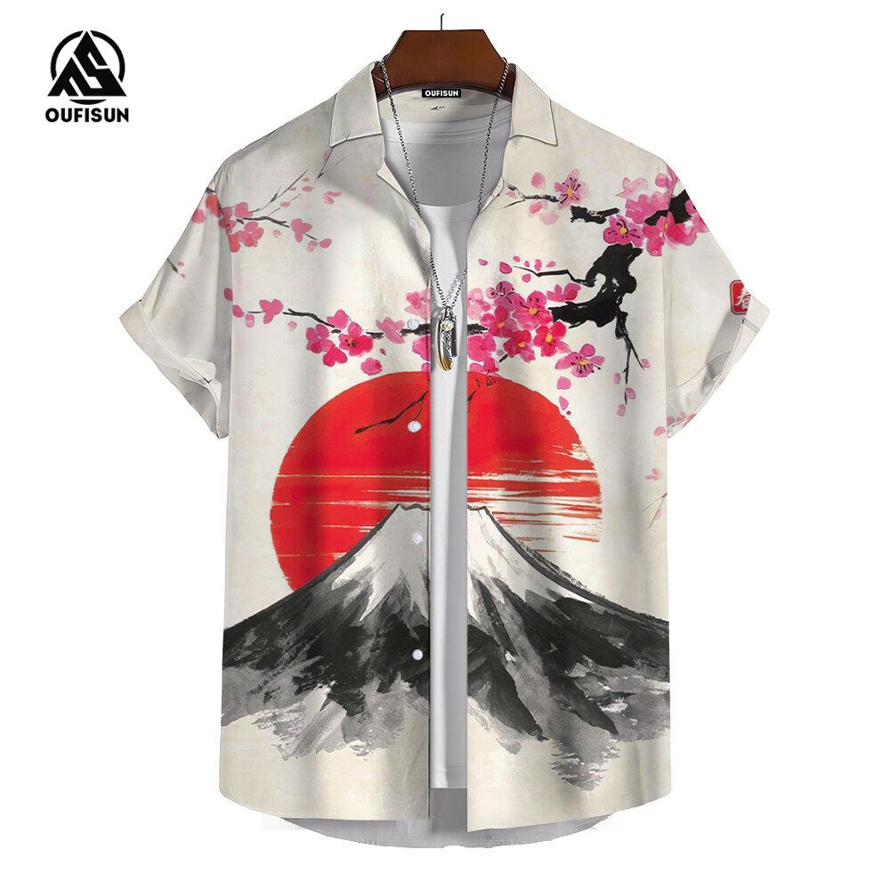 Summer Men's Short Sleeve Shirt Japanese Style Printed Sakura Fuji Mountain Pattern Street Fashion Men's Shirt Oversized Tops